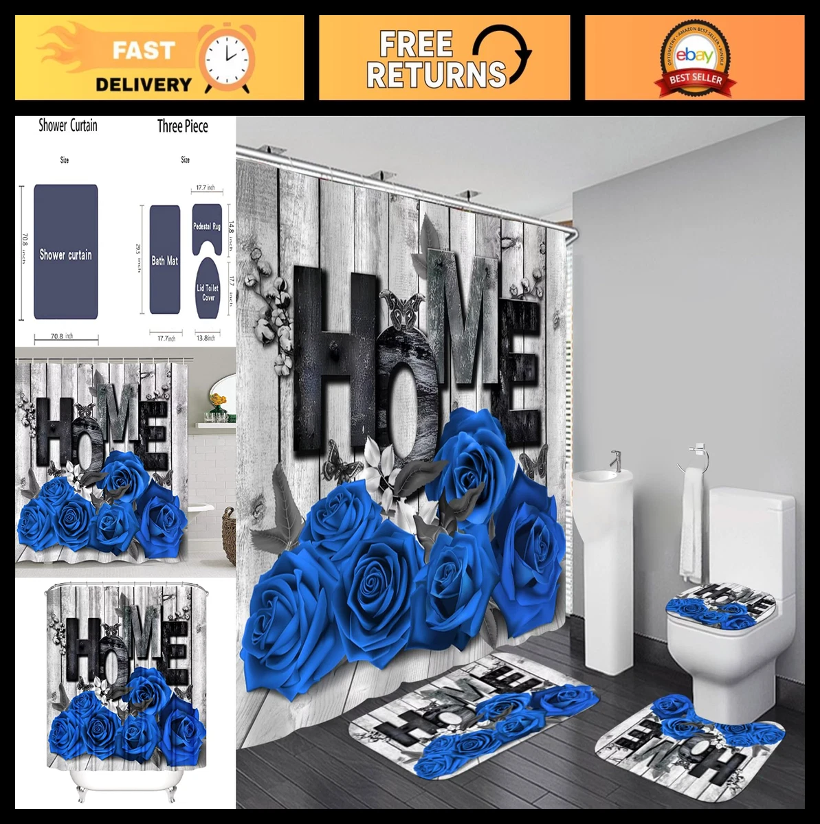Romantic Blue Rose Shower Curtain Set with Non-Slip Rugs & Toilet Cover - 4 Pcs