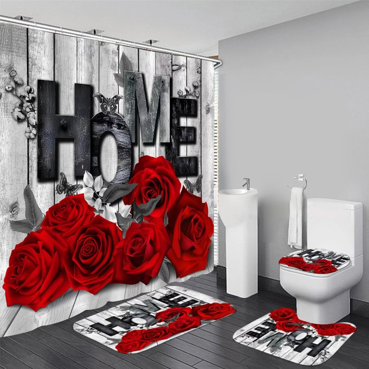 Romantic Red Rose Shower Curtain Set with Non-Slip Rugs & Toilet Cover - 4 Pcs B
