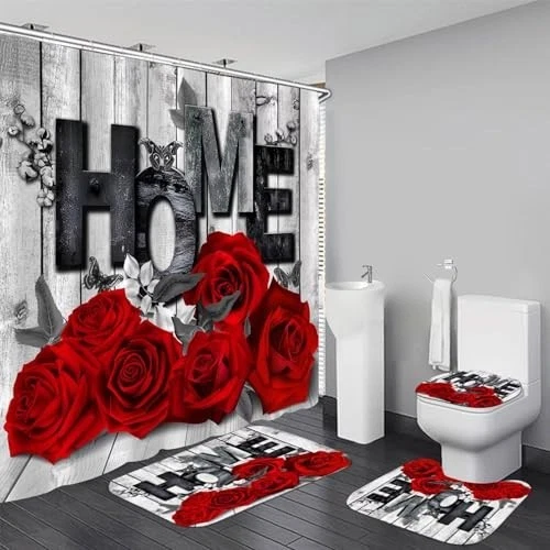 Romantic Red Rose Shower Curtain Set with Non-Slip Rugs & Toilet Cover - 4 Pcs B