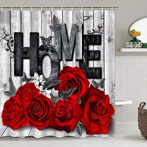 Romantic Red Rose Shower Curtain Set with Non-Slip Rugs & Toilet Cover - 4 Pcs B
