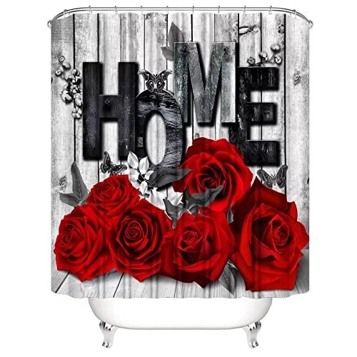 Romantic Red Rose Shower Curtain Set with Non-Slip Rugs & Toilet Cover - 4 Pcs B