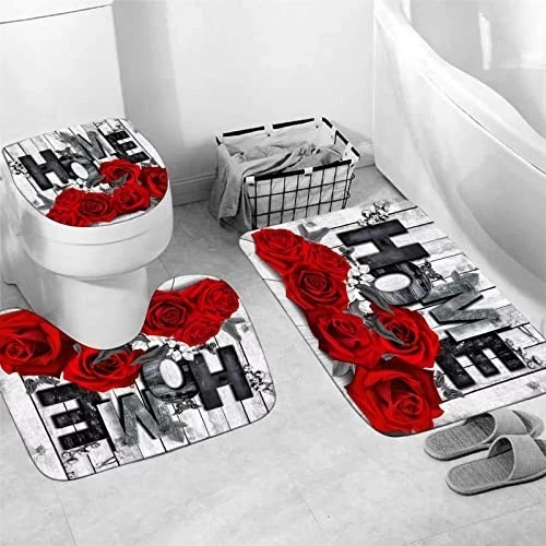 Romantic Red Rose Shower Curtain Set with Non-Slip Rugs & Toilet Cover - 4 Pcs B