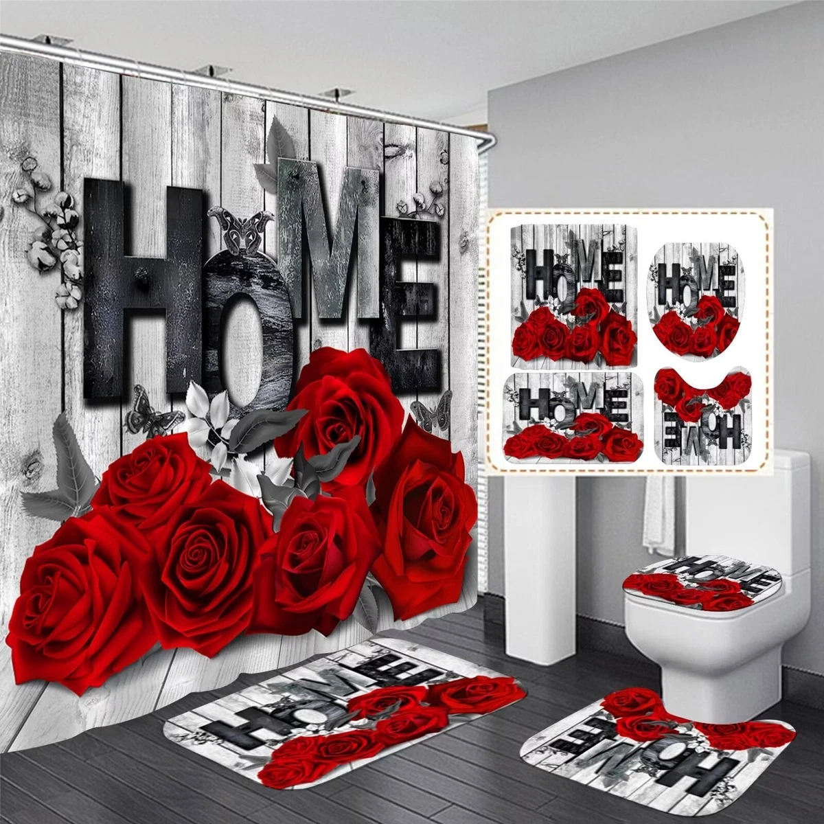 Romantic Red Rose Shower Curtain Set with Non-Slip Rugs & Toilet Cover - 4 Pcs B