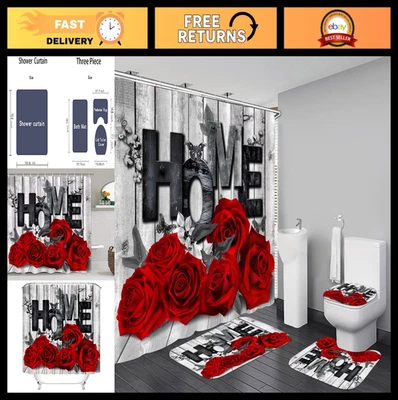 Romantic Red Rose Shower Curtain Set with Non-Slip Rugs & Toilet Cover - 4 Pcs B