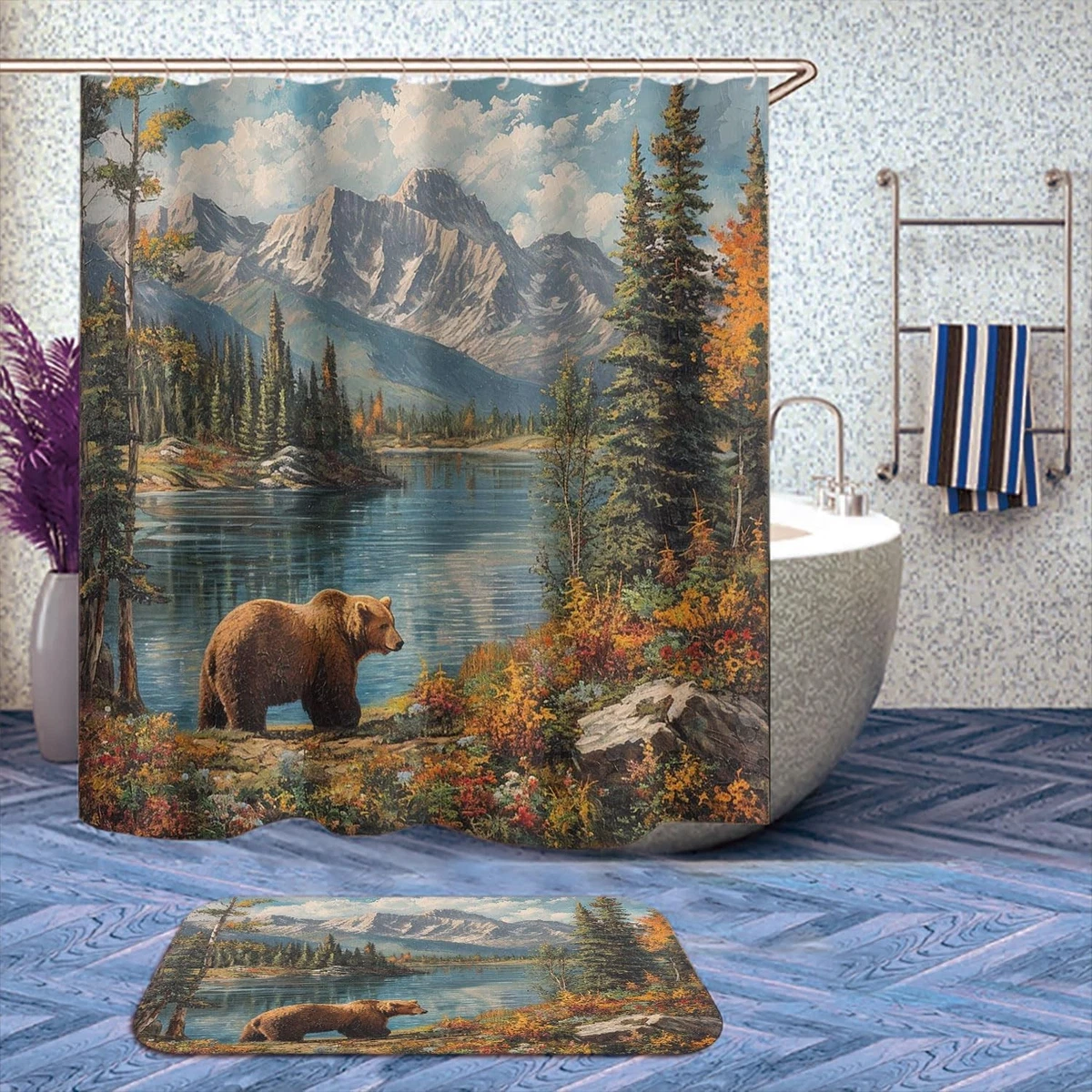 Rustic Bear Shower Curtain Set 4 Pcs with Rugs Toilet Lid Cover Mat Cabin Decor