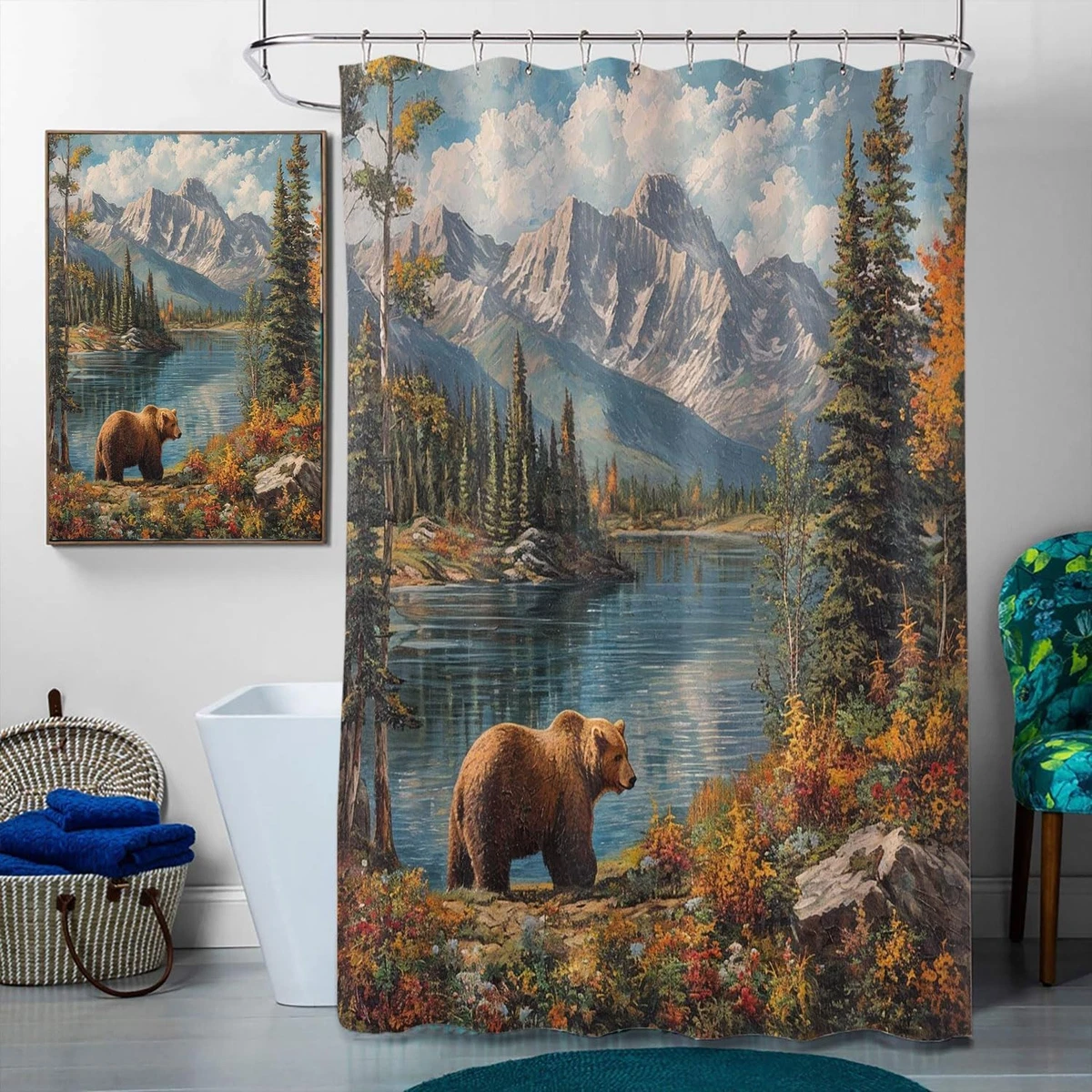 Rustic Bear Shower Curtain Set 4 Pcs with Rugs Toilet Lid Cover Mat Cabin Decor
