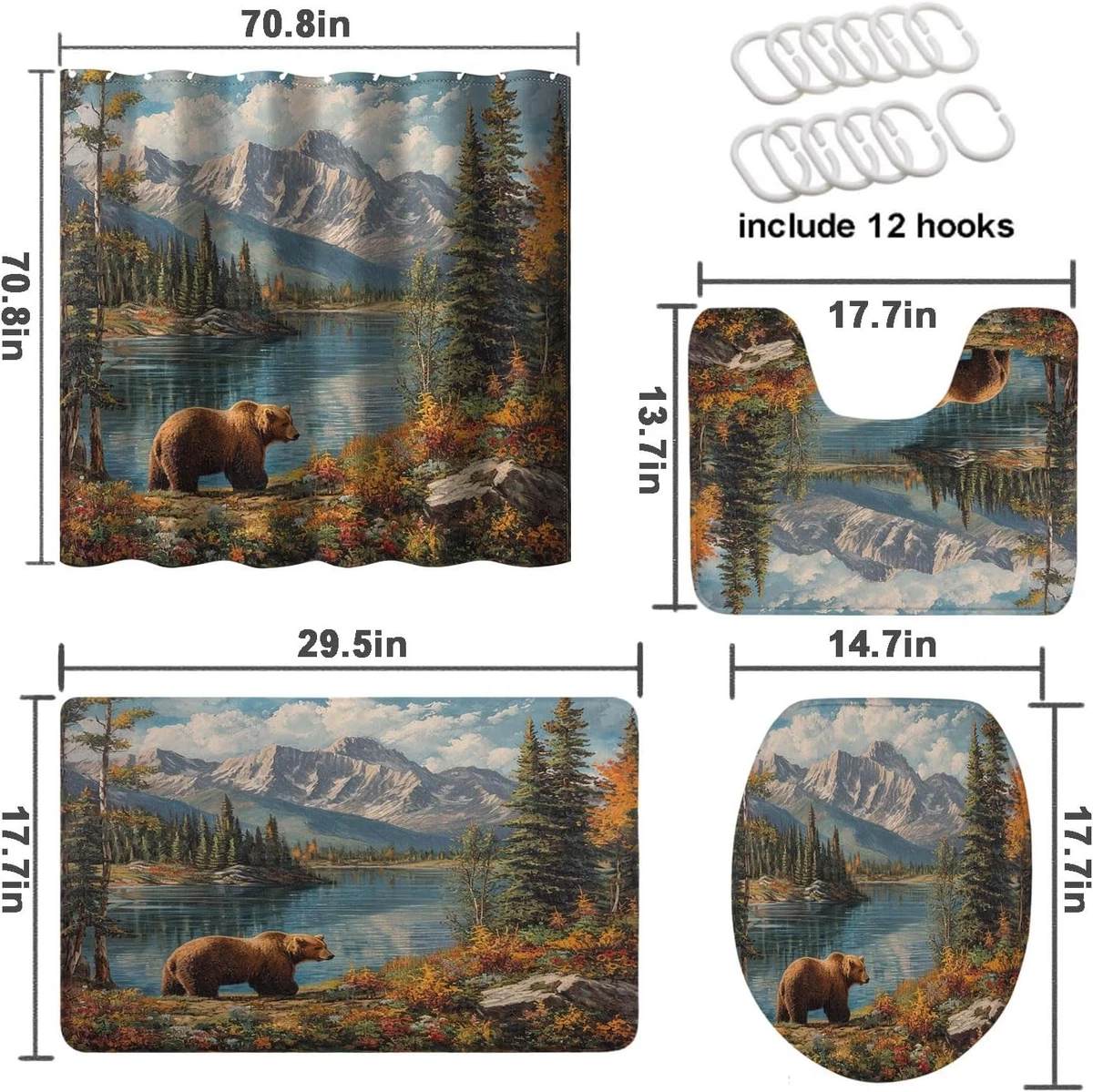 Rustic Bear Shower Curtain Set 4 Pcs with Rugs Toilet Lid Cover Mat Cabin Decor