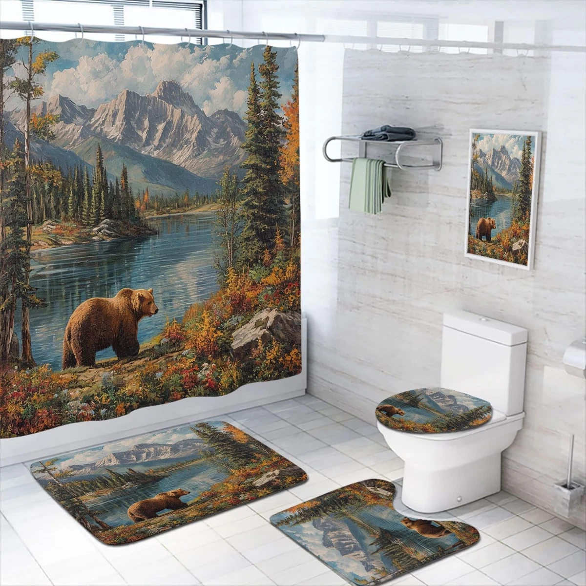 Rustic Bear Shower Curtain Set 4 Pcs with Rugs Toilet Lid Cover Mat Cabin Decor