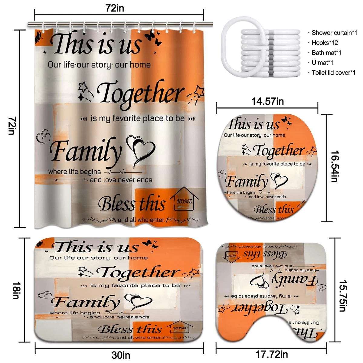 Shower Curtain Set 4Pcs Orange Abstract with Toilet Lid Cover & Non-Slip Rugs
