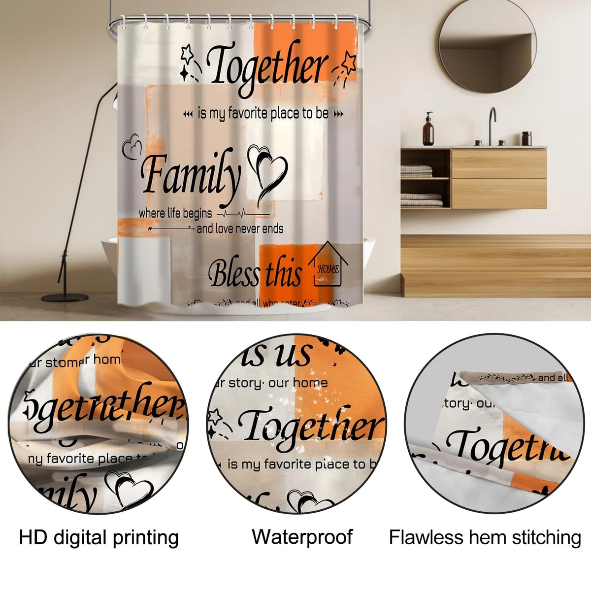 Shower Curtain Set 4Pcs Orange Abstract with Toilet Lid Cover & Non-Slip Rugs