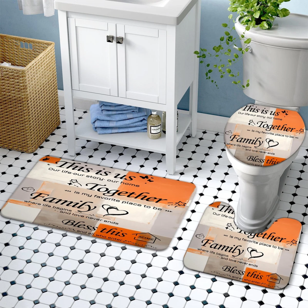 Shower Curtain Set 4Pcs Orange Abstract with Toilet Lid Cover & Non-Slip Rugs