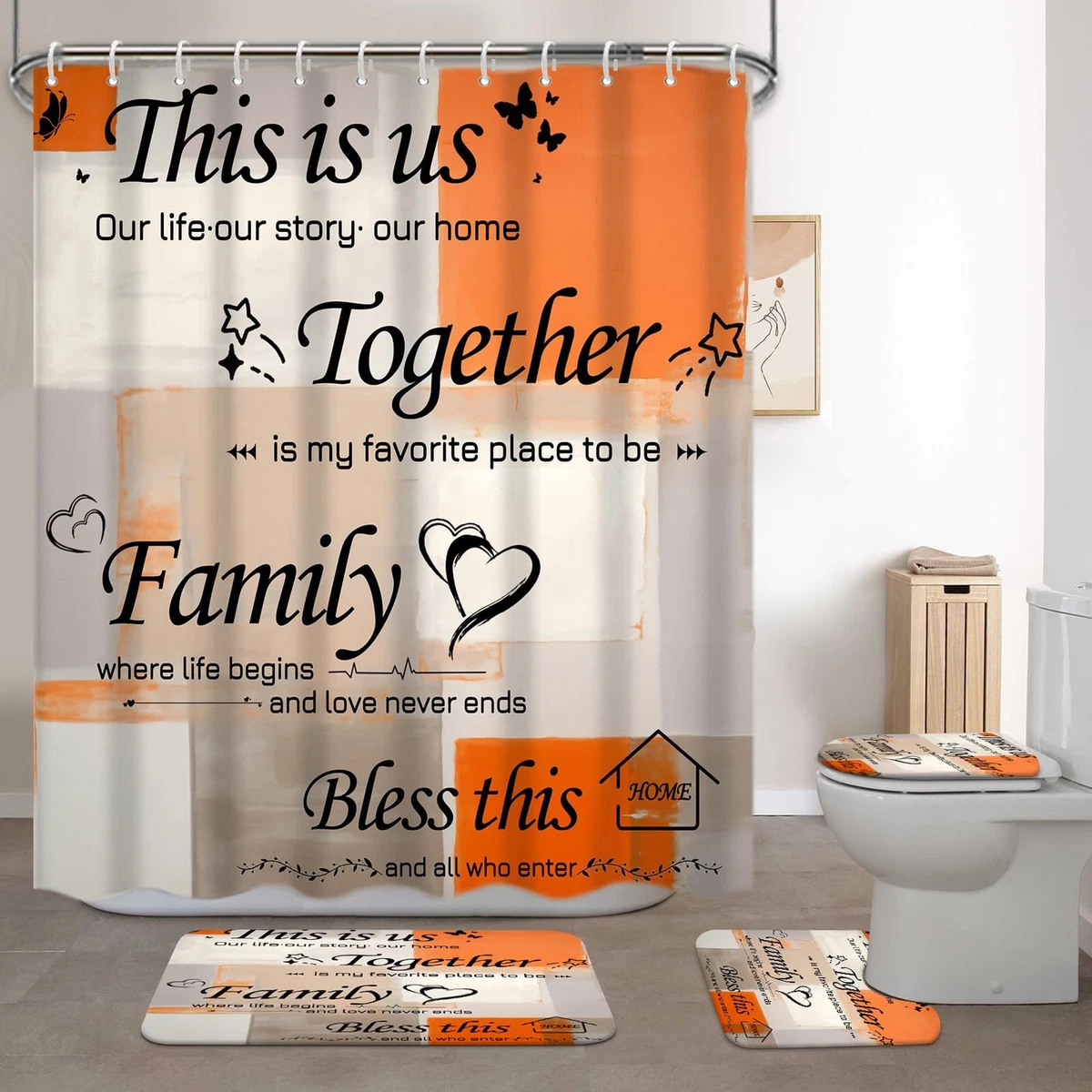 Shower Curtain Set 4Pcs Orange Abstract with Toilet Lid Cover & Non-Slip Rugs