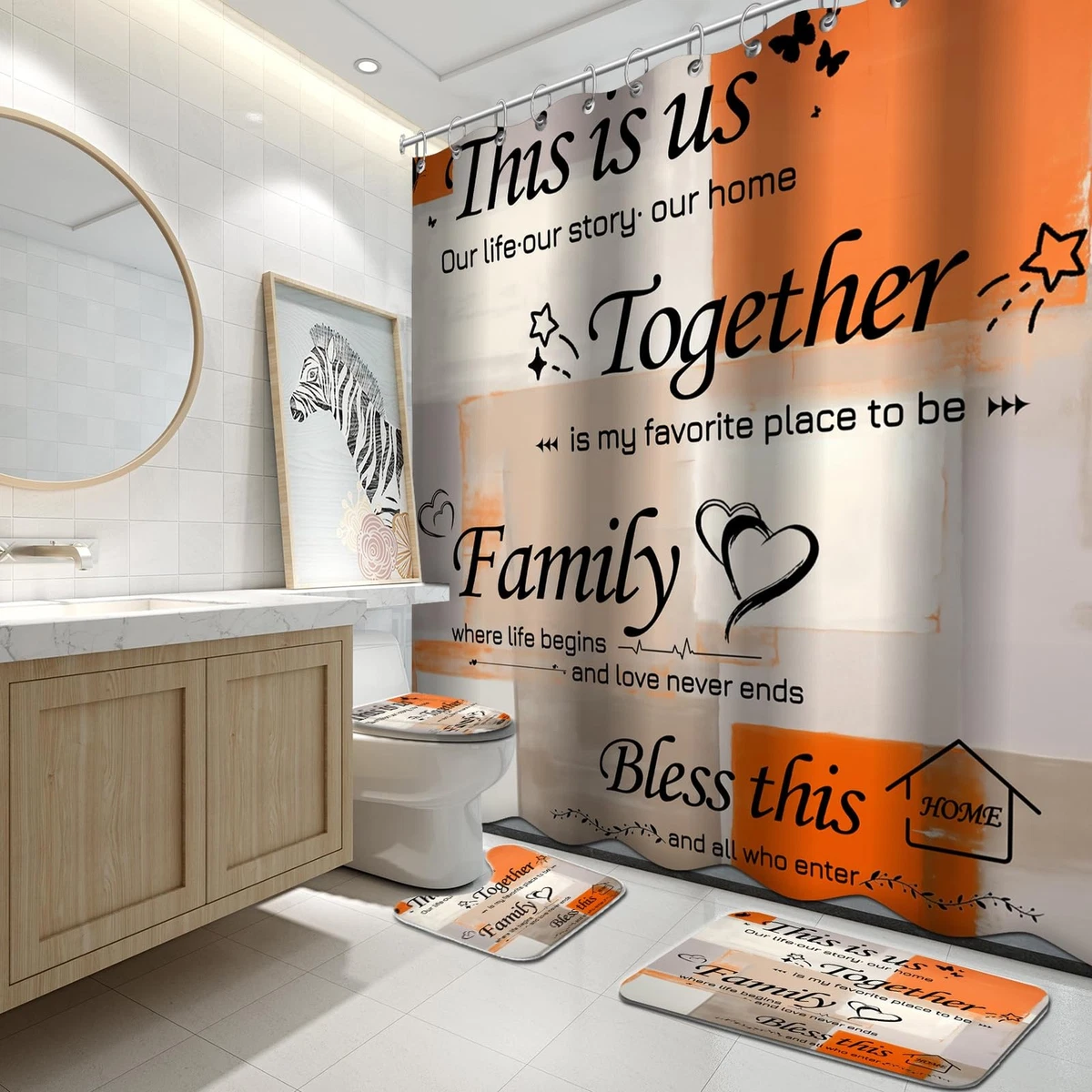 Shower Curtain Set 4Pcs Orange Abstract with Toilet Lid Cover & Non-Slip Rugs