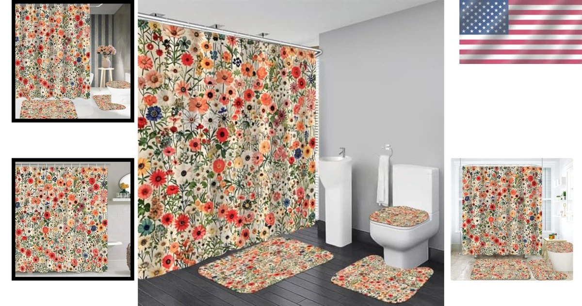 Shower Curtain Set Red 4 Piece Polyester Floral Bathroom Rugs Toilet Lid Cover
