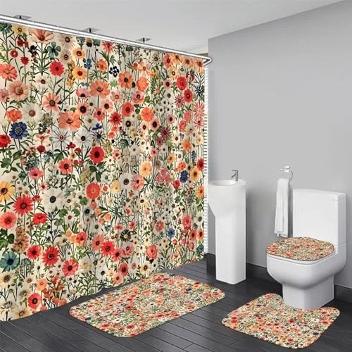 Shower Curtain Set Red 4 Piece Polyester Floral Bathroom Rugs Toilet Lid Cover