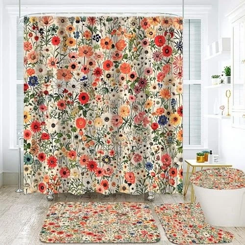 Shower Curtain Set Red 4 Piece Polyester Floral Bathroom Rugs Toilet Lid Cover