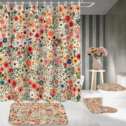 Shower Curtain Set Red 4 Piece Polyester Floral Bathroom Rugs Toilet Lid Cover