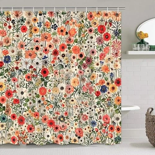 Shower Curtain Set Red 4 Piece Polyester Floral Bathroom Rugs Toilet Lid Cover