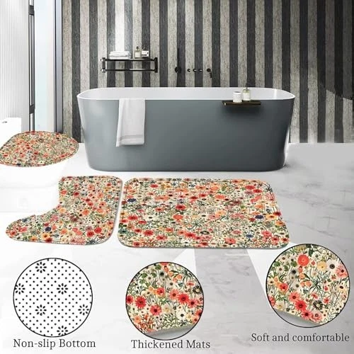 Shower Curtain Set Red 4 Piece Polyester Floral Bathroom Rugs Toilet Lid Cover