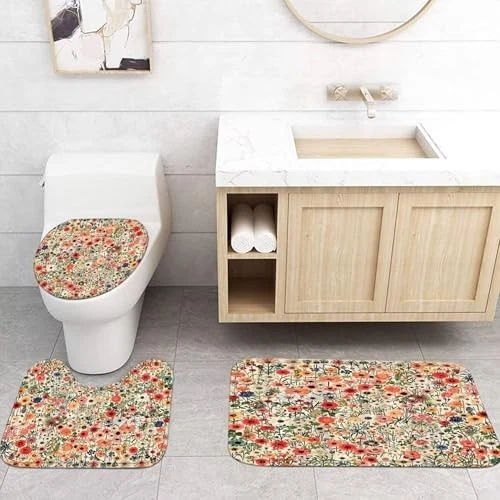 Shower Curtain Set Red 4 Piece Polyester Floral Bathroom Rugs Toilet Lid Cover