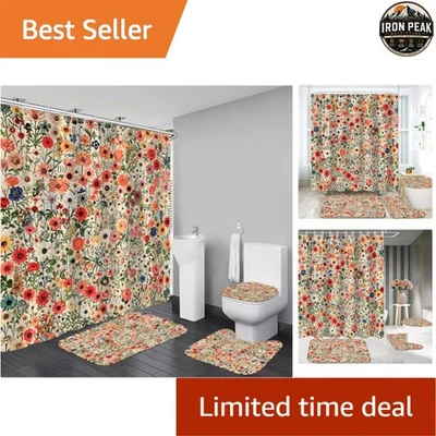 Shower Curtain Set Red 4 Piece Polyester Floral Bathroom Rugs Toilet Lid Cover