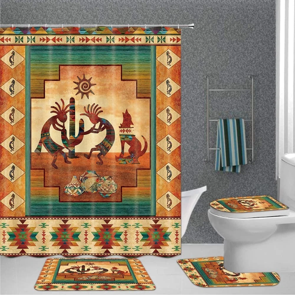 Southwestern Tribal Shower Curtain Set 4 Pcs, Waterproof Bath Mat & Toilet Cover
