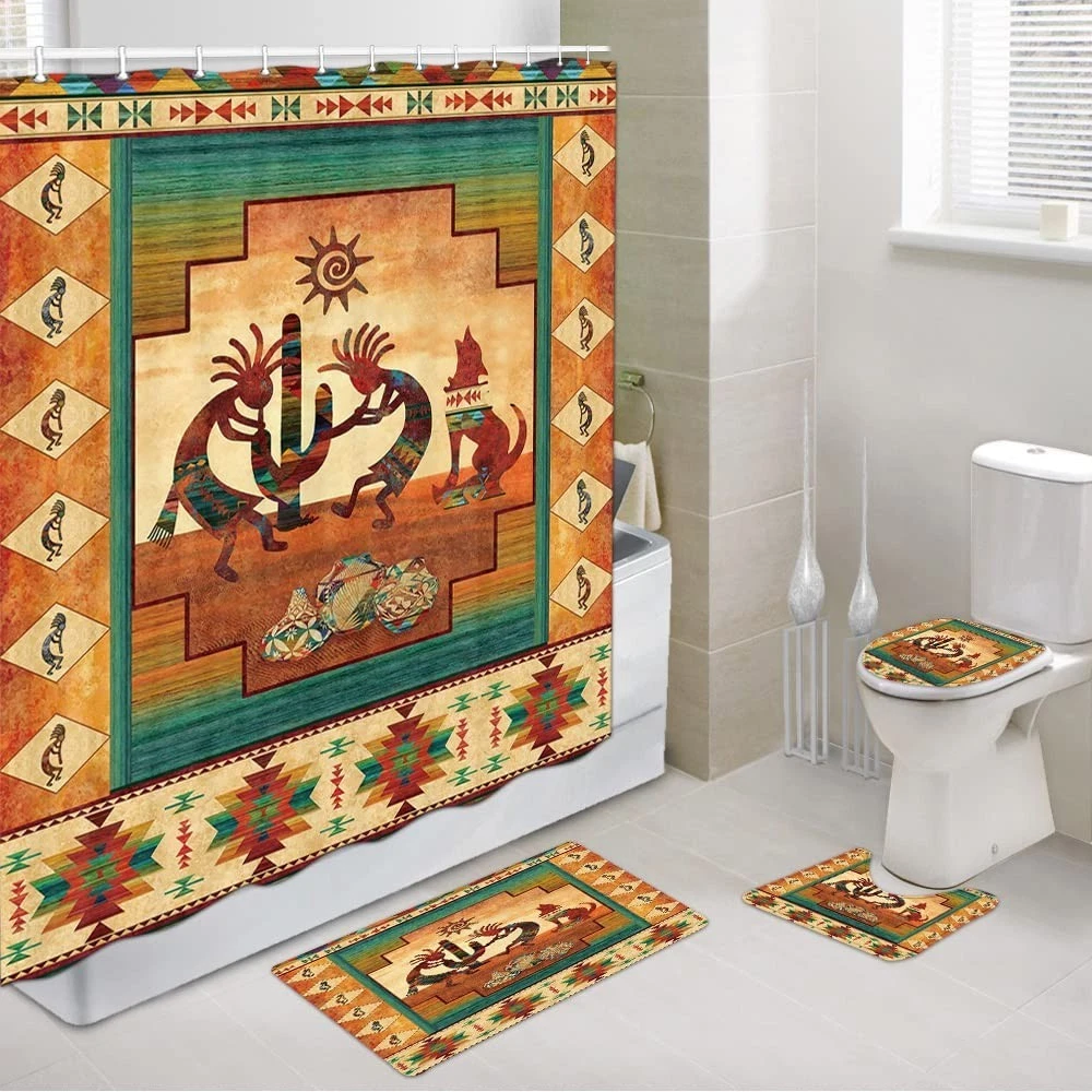 Southwestern Tribal Shower Curtain Set 4 Pcs, Waterproof Bath Mat & Toilet Cover