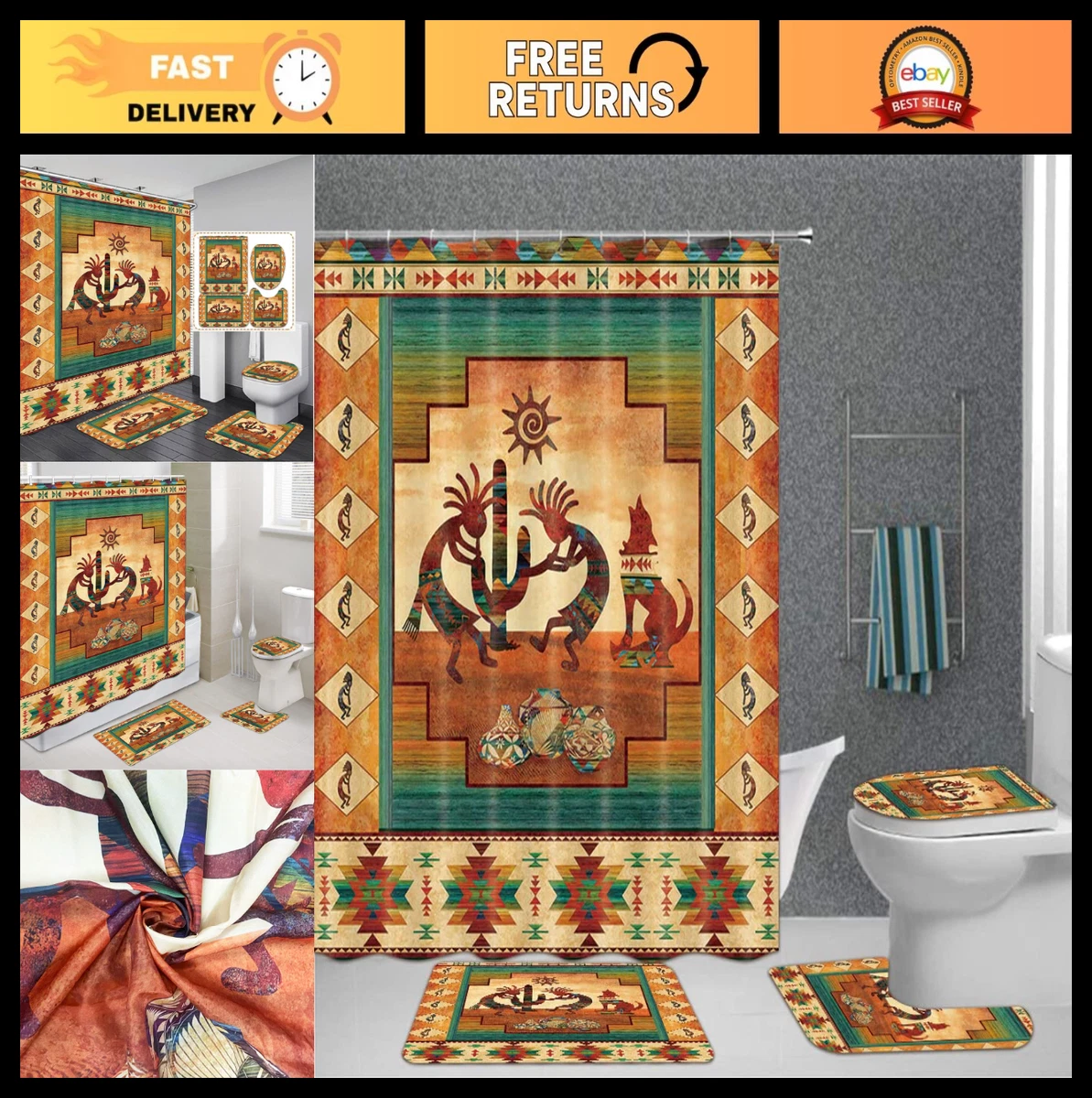 Southwestern Tribal Shower Curtain Set 4 Pcs, Waterproof Bath Mat & Toilet Cover