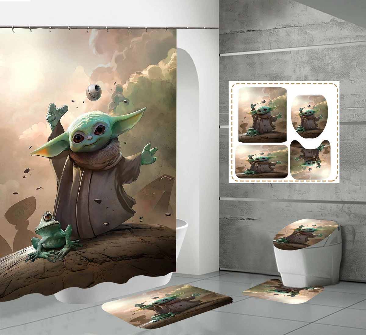 Star Wars Yoda 4PCS Bathroom Rugs Shower Curtains Mat Toilet Lid Cover Sets