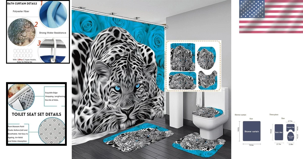 Teal Rose Leopard Shower Curtain with Rugs & Toilet Cover – 4PCS Set