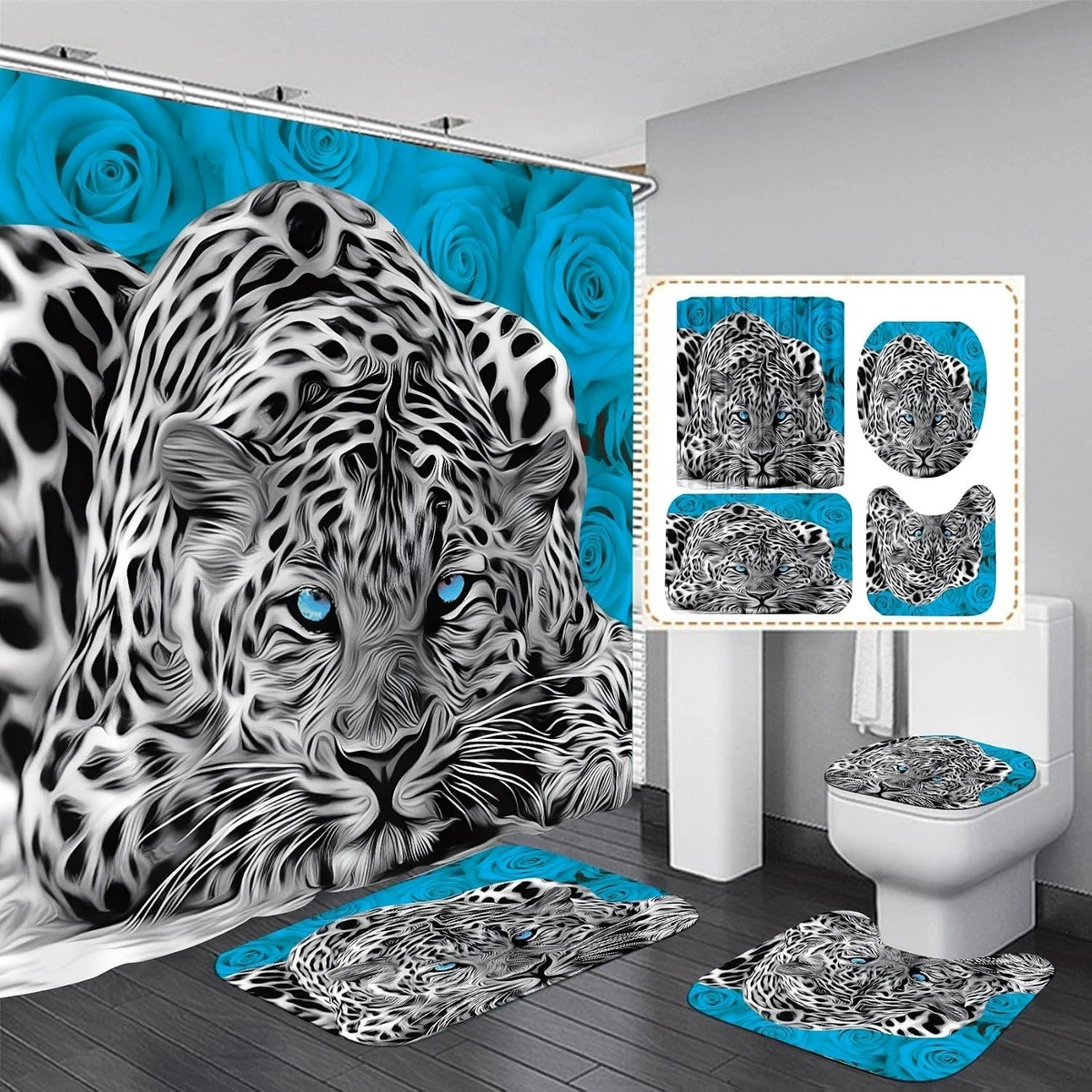 Teal Rose Leopard Shower Curtain with Rugs & Toilet Cover – 4PCS Set