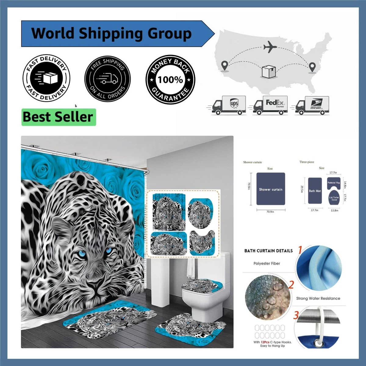 Teal Rose Leopard Shower Curtain with Rugs & Toilet Cover – 4PCS Set