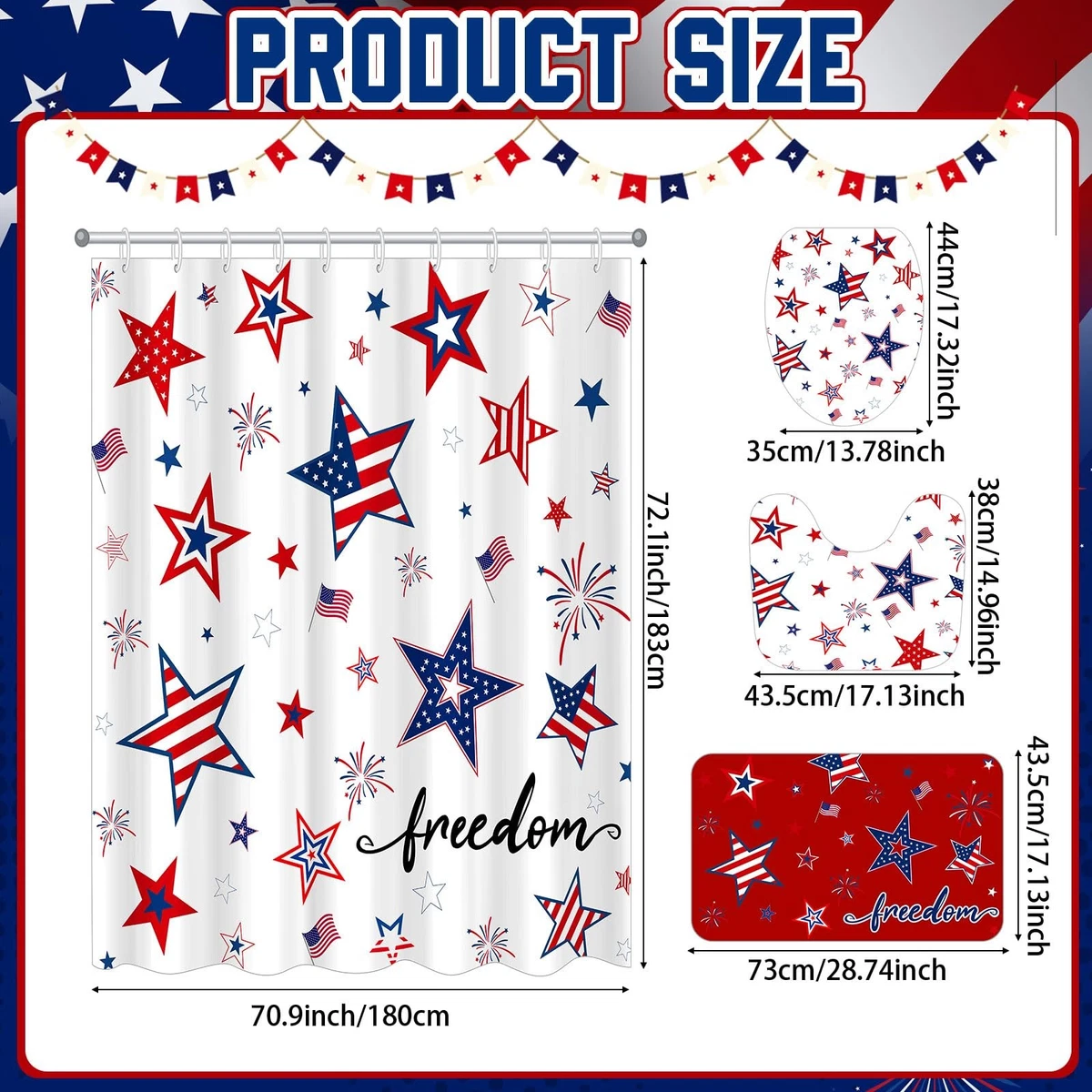Tiamon 4 Pcs 4th of July Shower Curtain Set with Rugs Toilet Lid Cover Bath Mat