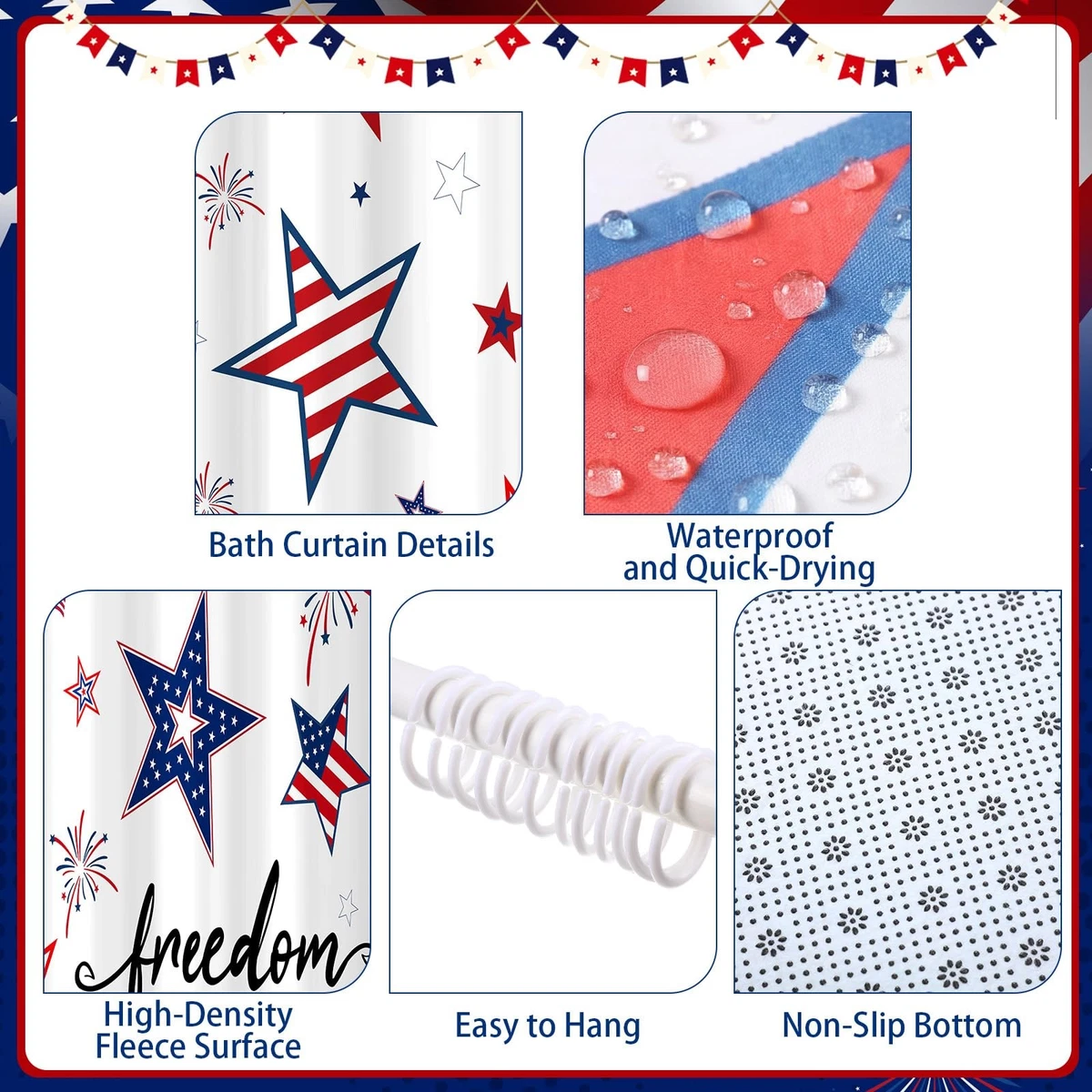 Tiamon 4 Pcs 4th of July Shower Curtain Set with Rugs Toilet Lid Cover Bath Mat