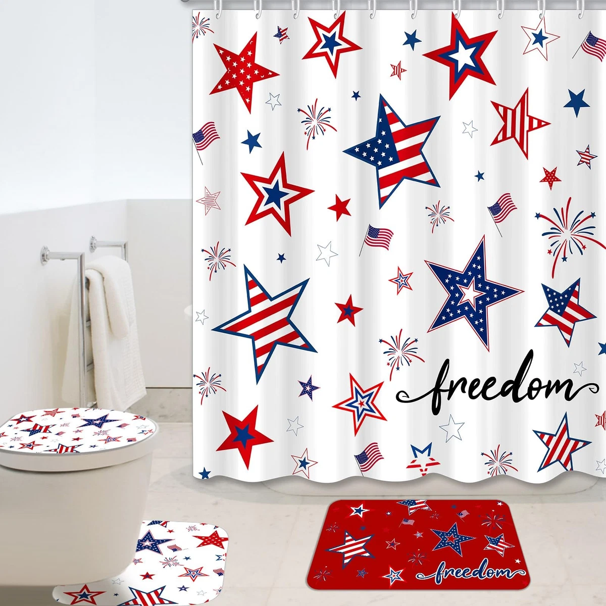 Tiamon 4 Pcs 4th of July Shower Curtain Set with Rugs Toilet Lid Cover Bath Mat