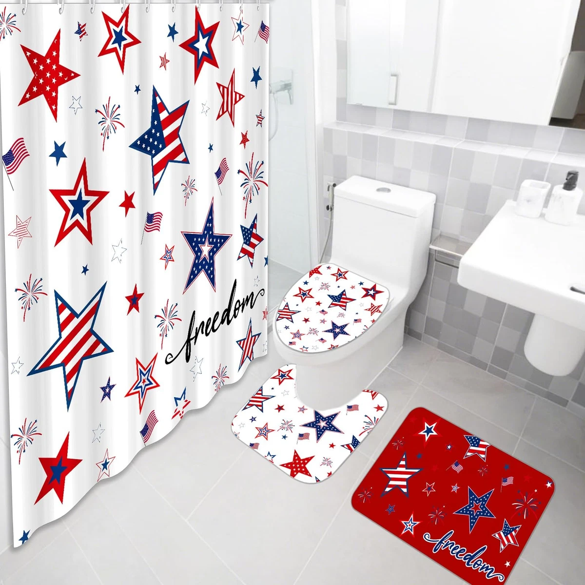 Tiamon 4 Pcs 4th of July Shower Curtain Set with Rugs Toilet Lid Cover Bath Mat