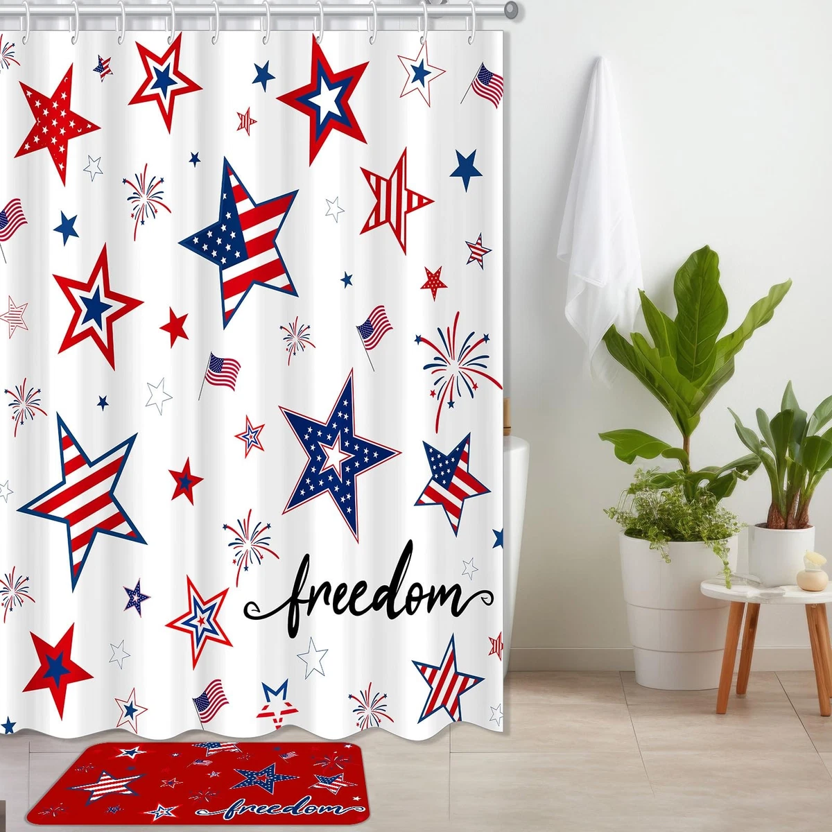 Tiamon 4 Pcs 4th of July Shower Curtain Set with Rugs Toilet Lid Cover Bath Mat