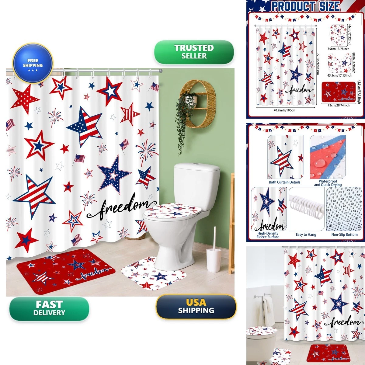 Tiamon 4 Pcs 4th of July Shower Curtain Set with Rugs Toilet Lid Cover Bath Mat