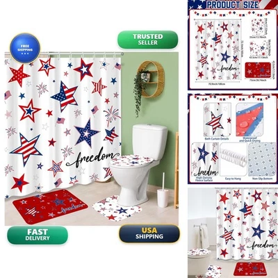 Tiamon 4 Pcs 4th of July Shower Curtain Set with Rugs Toilet Lid Cover Bath Mat