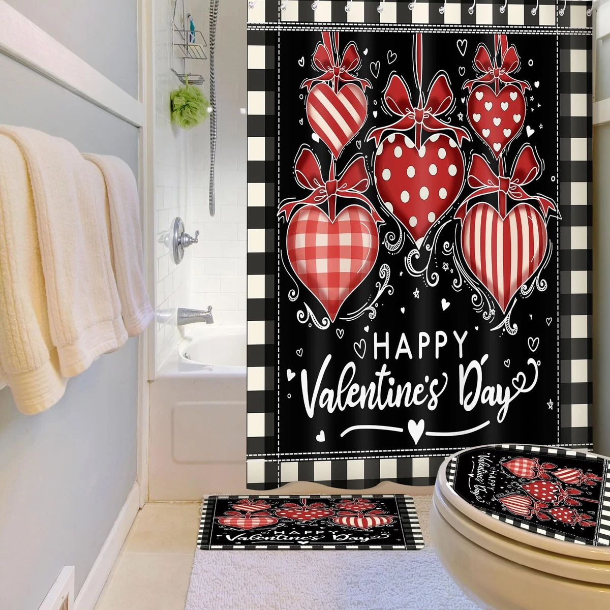 WILLBOND 4 Pcs Valentine's Day Shower Curtain Set with Rug Toilet Lid Cover