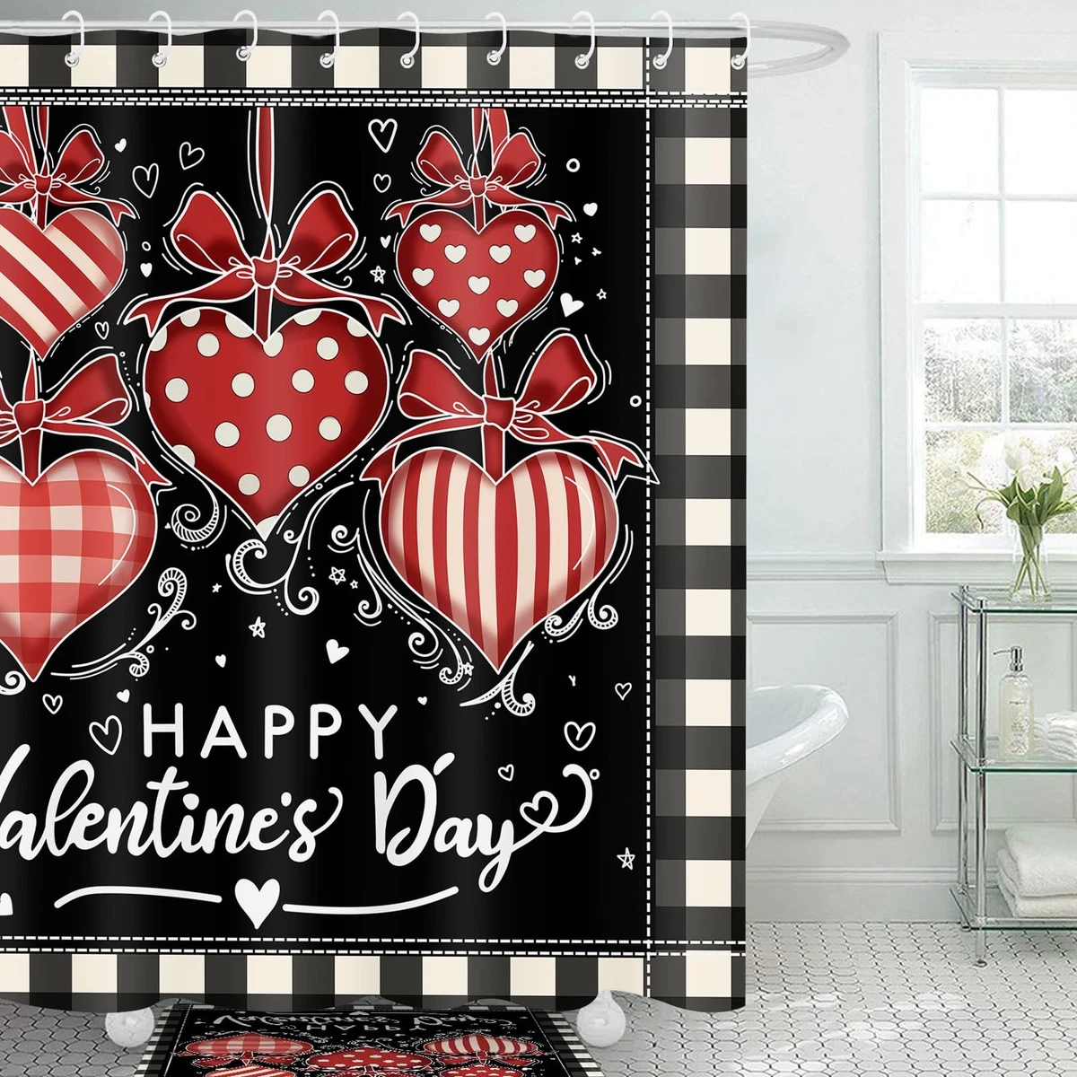 WILLBOND 4 Pcs Valentine's Day Shower Curtain Set with Rug Toilet Lid Cover
