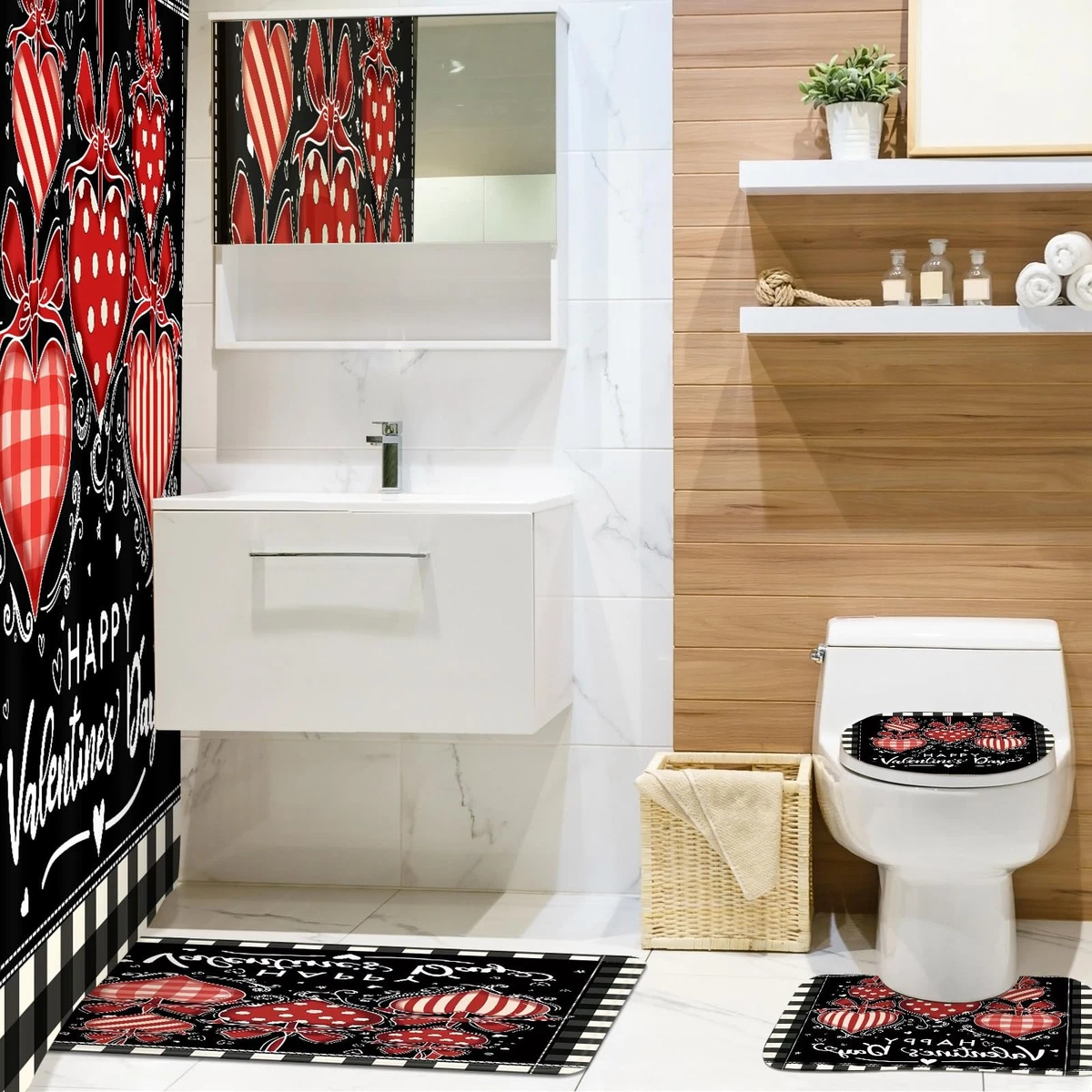WILLBOND 4 Pcs Valentine's Day Shower Curtain Set with Rug Toilet Lid Cover
