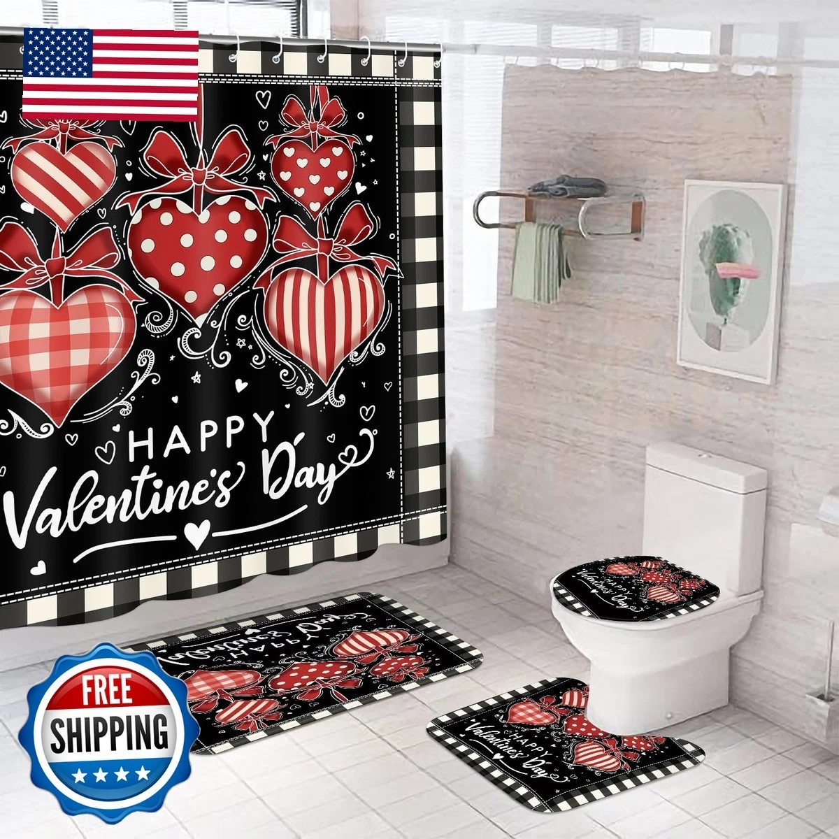WILLBOND 4 Pcs Valentine's Day Shower Curtain Set with Rug Toilet Lid Cover