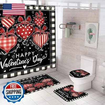 WILLBOND 4 Pcs Valentine's Day Shower Curtain Set with Rug Toilet Lid Cover