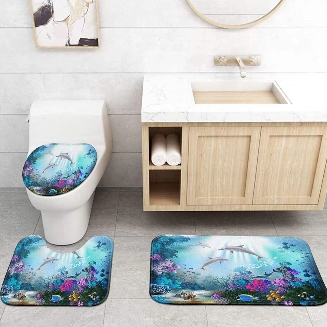 Yizheer 4Pcs Sea Dolphin Shower Curtain Sets with Rugs,Toilet Lid Cover and Bath