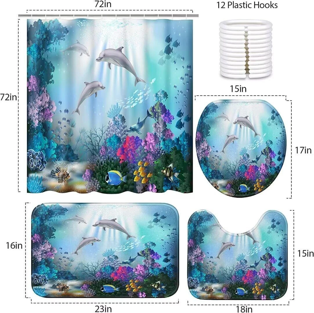 Yizheer 4Pcs Sea Dolphin Shower Curtain Sets with Rugs,Toilet Lid Cover and Bath