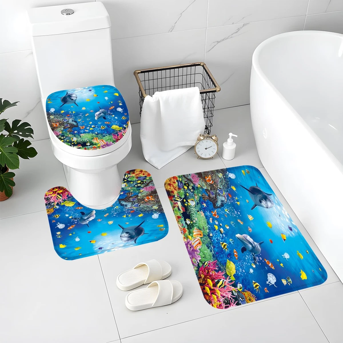 ZXMBF 4Pcs Ocean Dolphin Shower Curtain Set Rugs Toilet Lid Cover Bath Mat