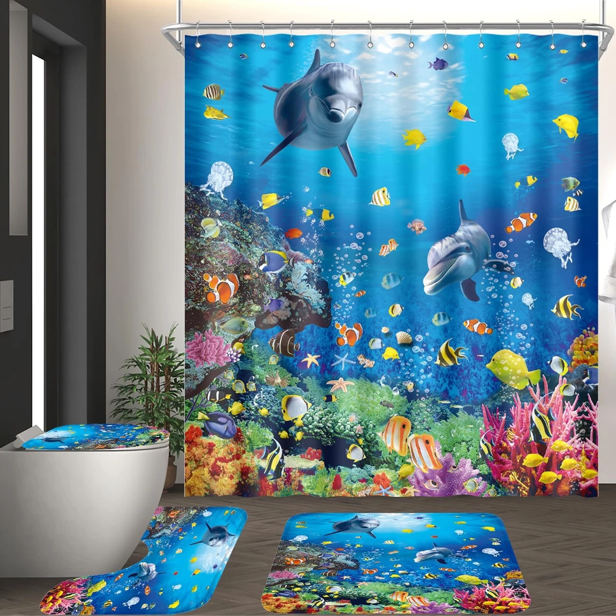 ZXMBF 4Pcs Ocean Dolphin Shower Curtain Set Rugs Toilet Lid Cover Bath Mat