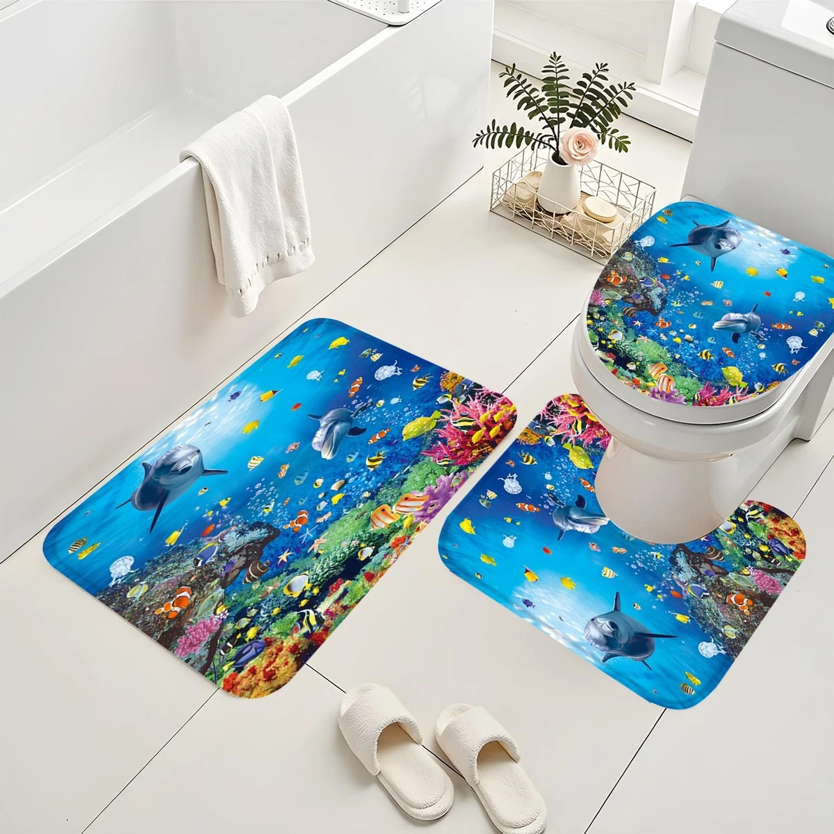 ZXMBF 4Pcs Ocean Dolphin Shower Curtain Set Rugs Toilet Lid Cover Bath Mat