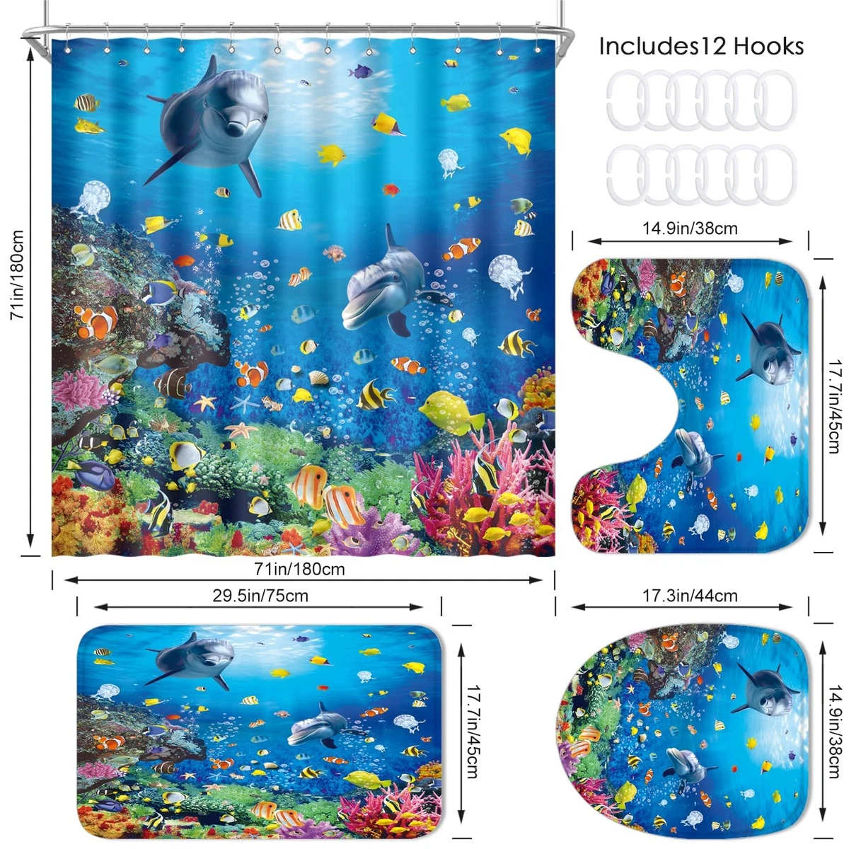 ZXMBF 4Pcs Ocean Dolphin Shower Curtain Set Rugs Toilet Lid Cover Bath Mat